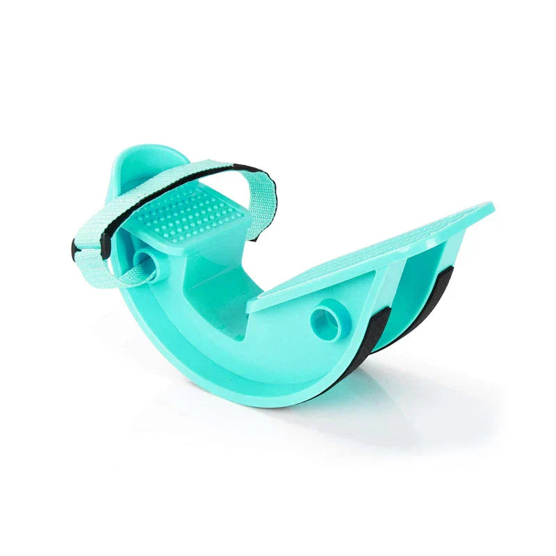 Magnetic Therapy Foot Massager Pedal - Turquoise rocker-style foot stretcher with adjustable fabric strap, raised noded massage surface, and black anti-slip base pads