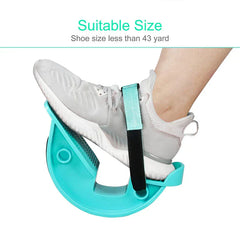 Magnetic Therapy Foot Massager Pedal - Size fit demonstration showing the rocker device accommodates feet in sneakers, with text noting suitability for shoe sizes under 43