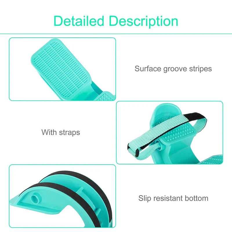 Magnetic Therapy Foot Massager Pedal - Detail panels showing three parts of the mint device: grooved foot plate, ankle strap, non-slip bottom strip