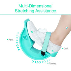 Magnetic Therapy Foot Massager Pedal - Mint colored foot stretching rocker holding a strapped white shoe with labels pointing to foot, ankle, calf.