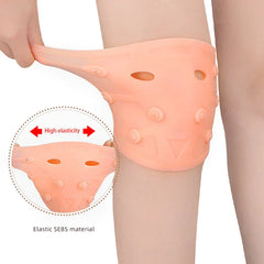 Knee Brace Compression Sleeve - Peach knee support stretched by a hand to show elasticity, worn on a knee, with inset showing stretch, text marking material.
