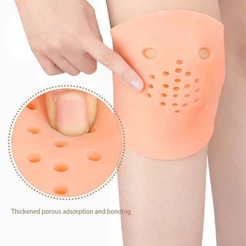 Knee Brace Compression Sleeve - Peach knee support worn on a knee, a finger presses its porous surface, inset close-up of the porous texture.