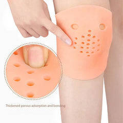 Knee Brace Compression Sleeve - Peach knee support worn on a knee, a finger presses its porous surface, inset close-up of the porous texture.