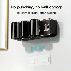 Magnetic Toothbrush Holder Set - Three-cup toothbrush holder mounted on a white wall, with adhesive mounting pad below and text stating no-punch installation