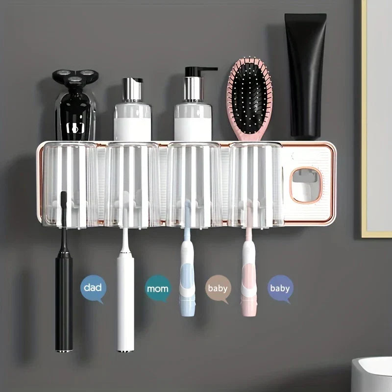 Magnetic Toothbrush Holder Set - Wall-mounted toothbrush holder with transparent cups holding four labeled toothbrushes, toiletries arranged on its top shelf against a dark wall.