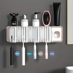 Magnetic Toothbrush Holder Set - Wall-mounted toothbrush holder with transparent cups holding four labeled toothbrushes, toiletries arranged on its top shelf against a dark wall.