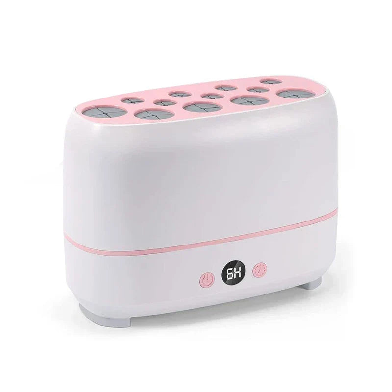 Makeup Brush Cleaner - Front angle view of white and pink countertop device with digital display and top slots for tools