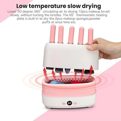 Makeup Brush Cleaner - Demonstration of device drying function with brushes held in upper tray and air flow arrows indicating circulating air