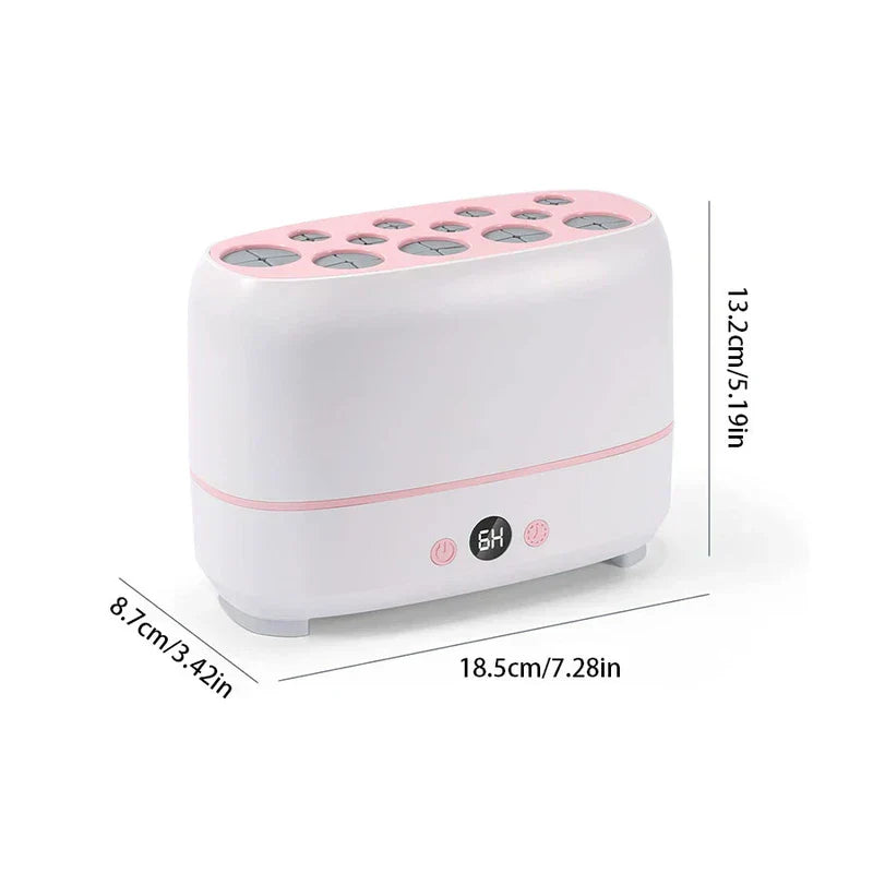 Makeup Brush Cleaner - White and pink makeup brush dryer with dimension labels, digital display shows 6H, multiple brush slots on top