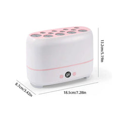 Makeup Brush Cleaner - White and pink makeup brush dryer with dimension labels, digital display shows 6H, multiple brush slots on top
