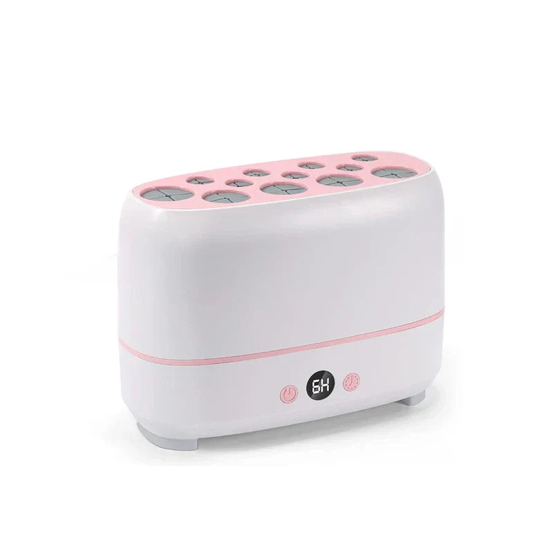 Makeup Brush Dryer - Front view of white and pink electric drying stand with digital display, control buttons, and multiple sized top slots