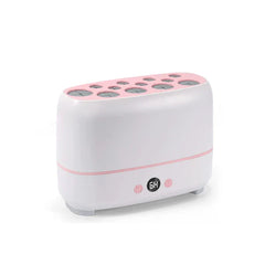 Makeup Brush Dryer - Front view of white and pink electric drying stand with digital display, control buttons, and multiple sized top slots
