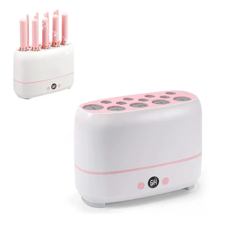 Makeup Brush Dryer - Side-by-side view showing empty stand and stand holding makeup brushes upright in top slots