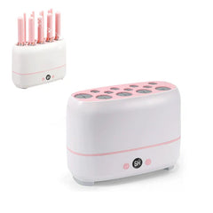 Makeup Brush Dryer - Side-by-side view showing empty stand and stand holding makeup brushes upright in top slots
