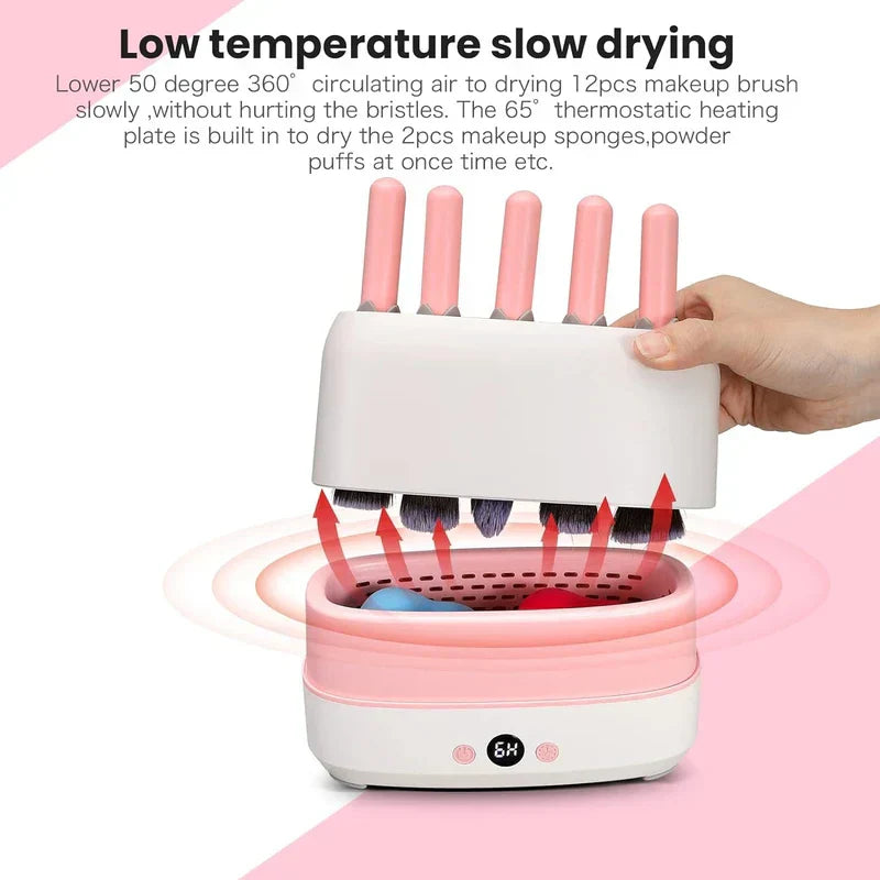 Compact makeup brush dryer holder stand packed in a makeup bag