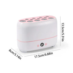 Makeup Brush Dryer - White and pink cosmetic brush drying device with size dimensions marked on three sides.
