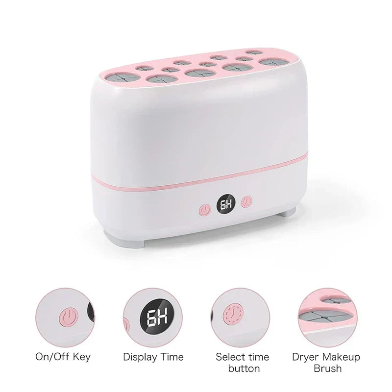 White and pink makeup brush dryer with labeled controls, time display showing 6H, and top brush slots.
