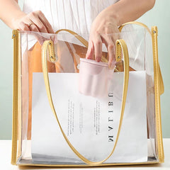 Makeup Brush Set - Hands placing a small lidded pink container into a clear tote bag with yellow trim and handles