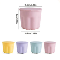 Makeup Brush Set - Pink lidded container with dimension labels, plus four same-style containers in yellow, purple, light blue, pink