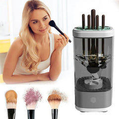 Makeup Brush Sponge Cleaner - Device shown holding multiple makeup brushes for cleaning, alongside examples of dirty product-covered brushes