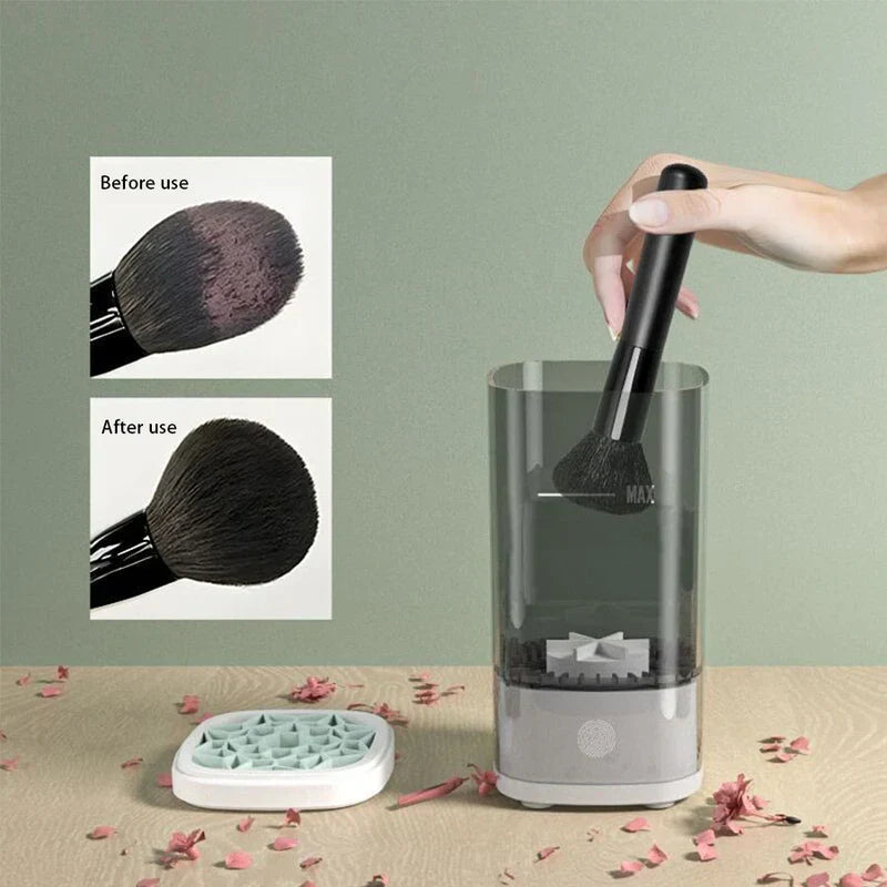 Makeup Brush Sponge Cleaner - Side by side comparison of a dirty makeup brush before cleaning and clean brush after cleaning, with a hand inserting a brush into the device