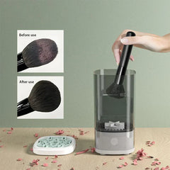 Makeup Brush Sponge Cleaner - Side by side comparison of a dirty makeup brush before cleaning and clean brush after cleaning, with a hand inserting a brush into the device