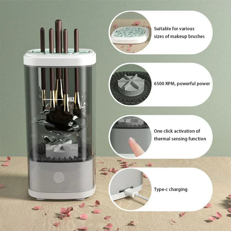 Makeup Brush Sponge Cleaner - Transparent upright device holding makeup brushes inserted in its top lid, with four circular feature callouts alongside it.