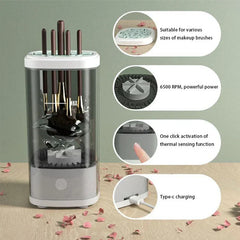 Makeup Brush Sponge Cleaner - Transparent upright device holding makeup brushes inserted in its top lid, with four circular feature callouts alongside it.
