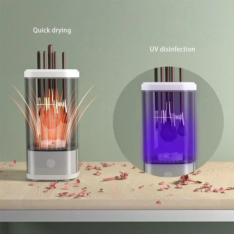 limpiador centrifugo de brochas - Dispositivo vertical mostrado en dos estados: uno que representa secado rápido con líneas naranjas, el otro que representa desinfección UV con luz púrpura