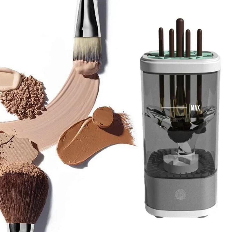 limpiador centrifugo de brochas - Limpiador automático de brochas de maquillaje junto a muestras de cosméticos y dos brochas de maquillaje usadas