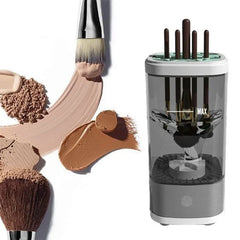 limpiador centrifugo de brochas - Limpiador automático de brochas de maquillaje junto a muestras de cosméticos y dos brochas de maquillaje usadas