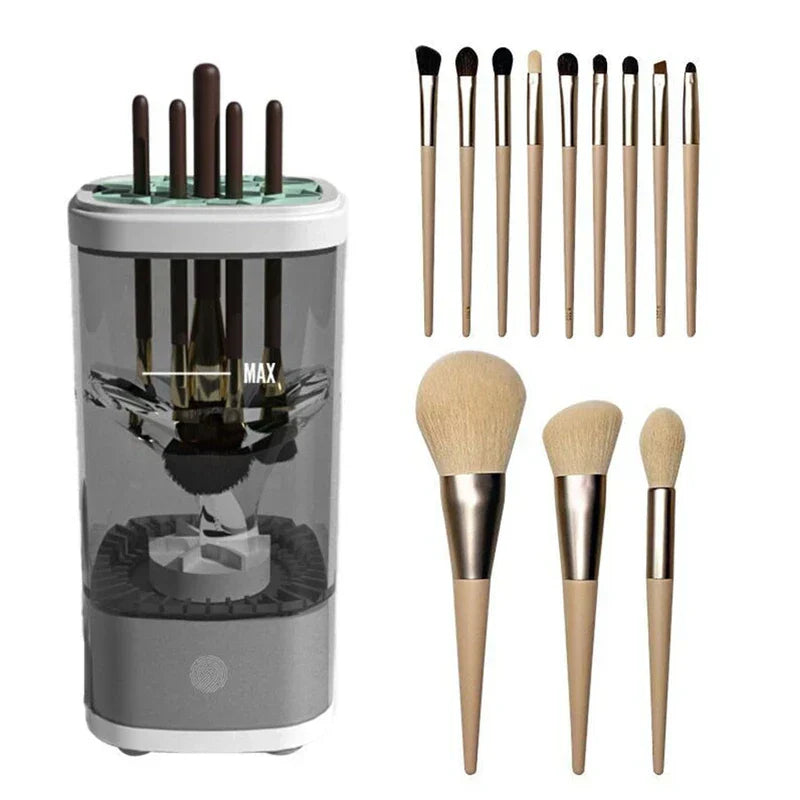 limpiador centrifugo de brochas - Limpiador automático de brochas de maquillaje exhibido junto a un set de doce brochas de maquillaje con mango claro