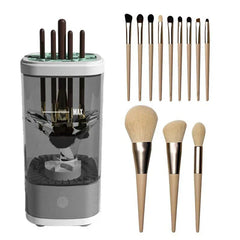 limpiador centrifugo de brochas - Limpiador automático de brochas de maquillaje exhibido junto a un set de doce brochas de maquillaje con mango claro