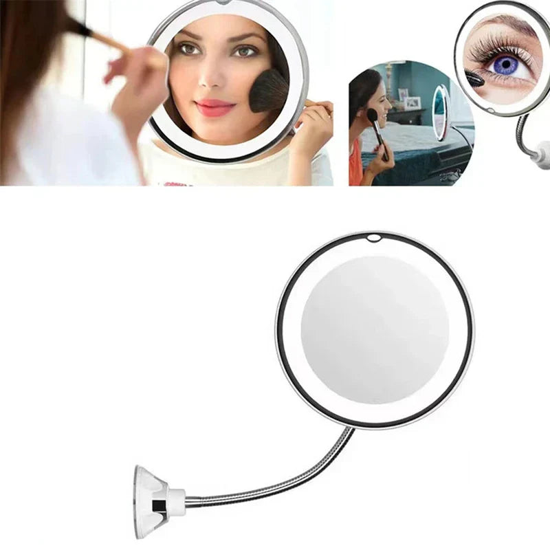 Vanity Mirror With Lights - Collage showing mirror in use for makeup application, with closeup of magnified lash view and bedroom placement