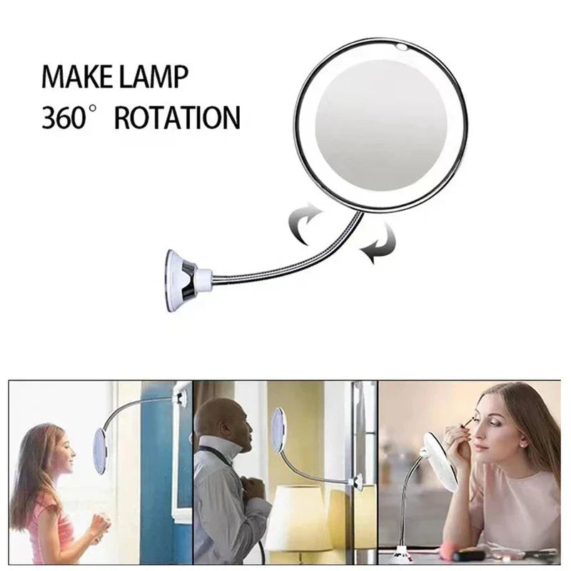 kosmetikspiegel mit beleuchtung - Diagramm, das die 360-Grad-Drehung des Spiegels veranschaulicht, mit drei Panels für Make-up, Körperpflege und Eyeliner-Auftrag