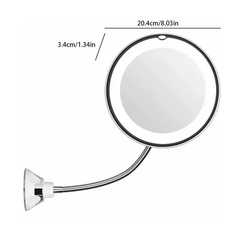 Vanity Mirror With Lights - Round flexible gooseneck lighted mirror with suction cup base, showing diameter and thickness measurements.