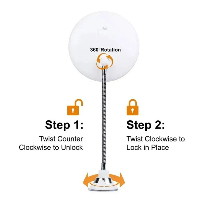 Vanity Mirror With Lights - Back view of flexible gooseneck suction mirror showing 360 rotation and two-step suction lock/unlock instructions.
