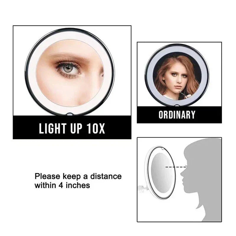 Vanity Mirror With Lights - Comparison graphic showing magnified mirror view, ordinary mirror view, and recommended use distance diagram