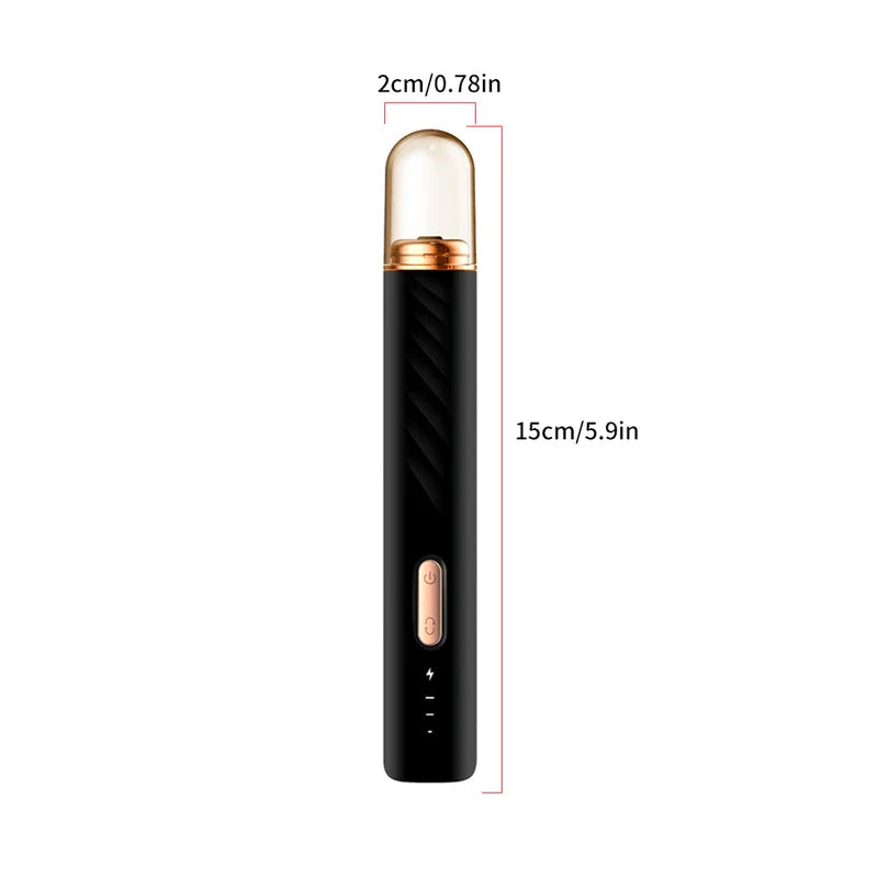 Herramienta de manicura y pedicura: dispositivo electrónico negro con forma de bolígrafo, tapa con tinte champán y detalles en oro rosa, líneas de dimensión que indican 2 cm de ancho y 15 cm de largo