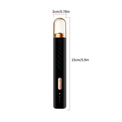 Herramienta de manicura y pedicura: dispositivo electrónico negro con forma de bolígrafo, tapa con tinte champán y detalles en oro rosa, líneas de dimensión que indican 2 cm de ancho y 15 cm de largo