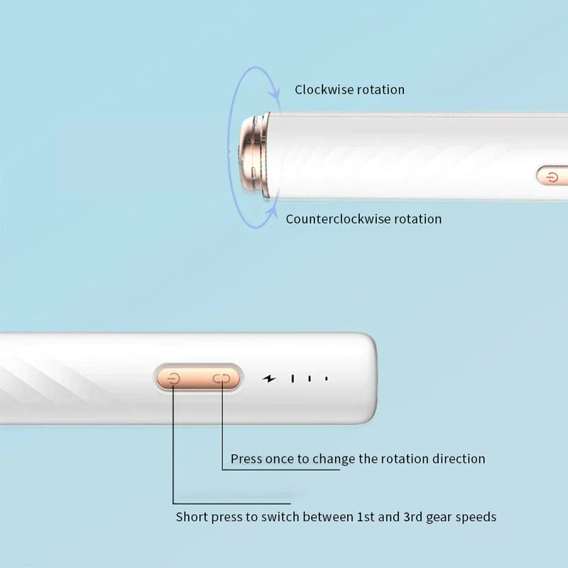 Herramienta de manicura y pedicura: diagrama que ilustra los controles del dispositivo blanco: un botón cambia entre 3 velocidades, el otro cambia la dirección de rotación