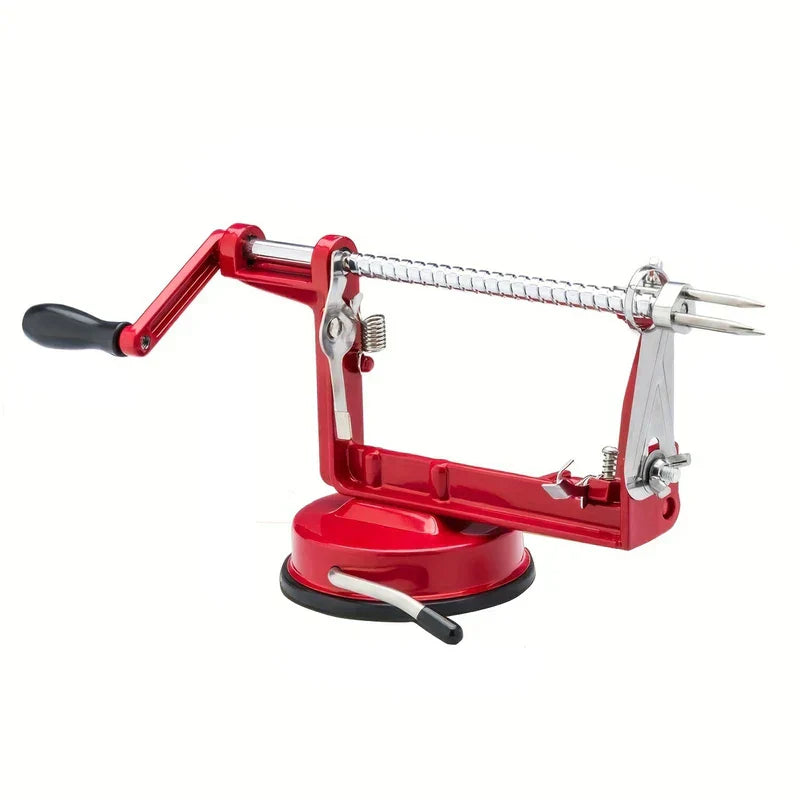Apple Peeler Corer Slicer - Red metal manual fruit prep tool with black handle and suction base, side profile view against white background
