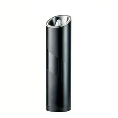 Coffee Bean Grinder - Sleek black cylindrical grinder with angled top opening and silver interior grinding component
