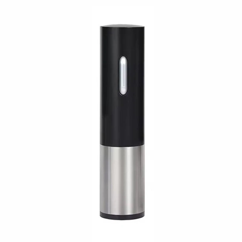 Manual Beer Bottle Cap Opener Tool - Black and stainless steel cylindrical bar tool standing upright against white background