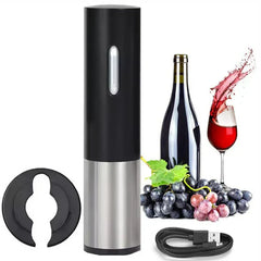 Manual Beer Bottle Cap Opener Tool - Cylindrical bar tool displayed with foil cutter, USB charging cable, wine bottle, grapes, and poured glass of red wine