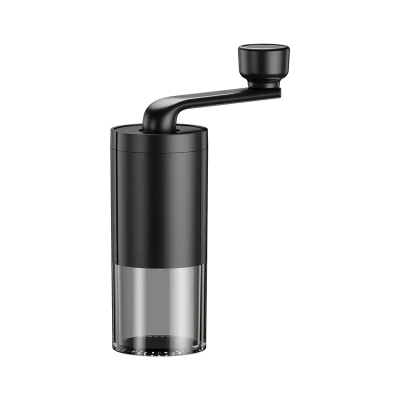 Coffee Bean Grinder - Matte black manual grinder with clear lower grounds catch chamber and attached side crank handle, shown against a plain white background