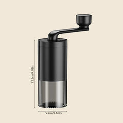Coffee Bean Grinder - Black manual coffee grinder showing height 12.5cm and width 5.5cm dimension measurements