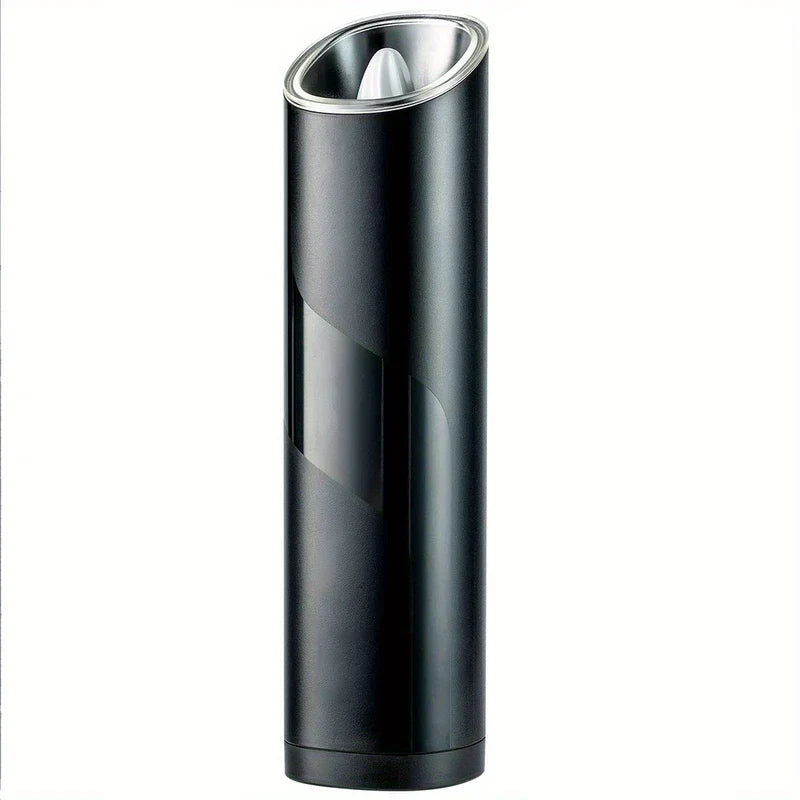 Coffee Bean Grinder - Black cylindrical electric grinder viewed from an angled front perspective on a plain white background