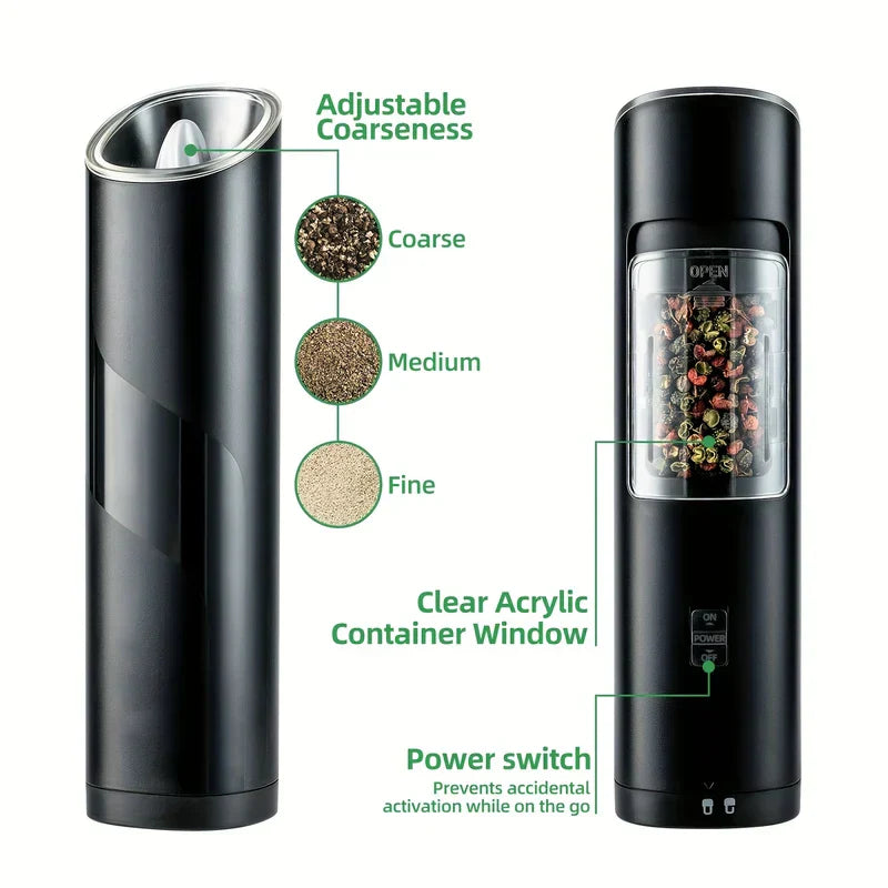 Coffee Bean Grinder - Black electric spice grinder shown from two angles, labeled diagrams note adjustable coarseness, clear container window, and power switch.