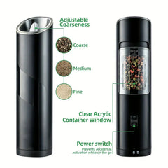 Coffee Bean Grinder - Black electric spice grinder shown from two angles, labeled diagrams note adjustable coarseness, clear container window, and power switch.